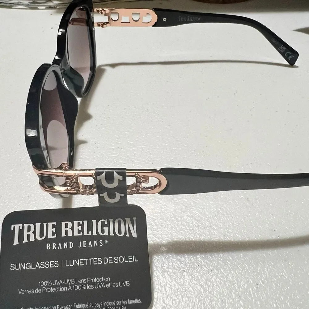 NWT True Religion Logo Black and Gold Oversized Cat eye Fashion Retro Sunglasses